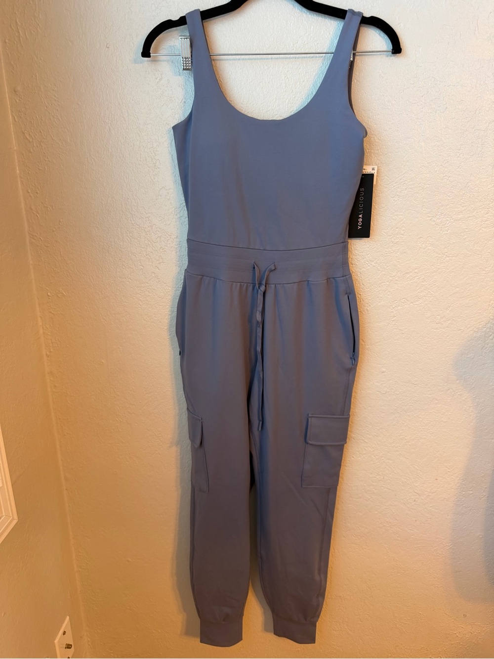 NWT~ Yogalicious Sleeveless Cargo Jumpsuit in Dusty Blue cuffed Ankles